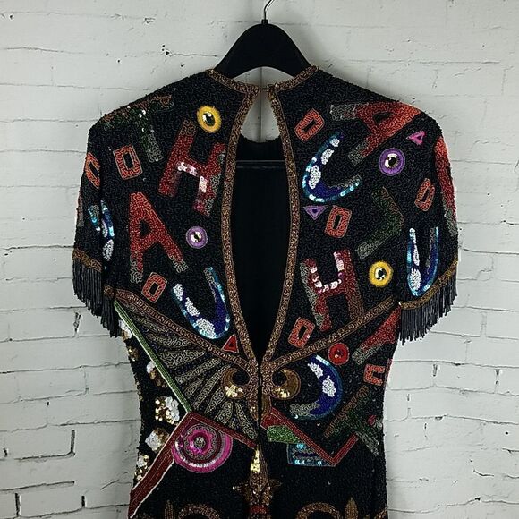 NAEEM KHAN RIAZEE VINTAGE SILK MULTI COLORED BEADED FRINGE SEQUIN PARTY DRESS - Picture 14 of 14